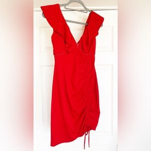 NWT Mystic Red Gathered Deep V Bodycon Dress